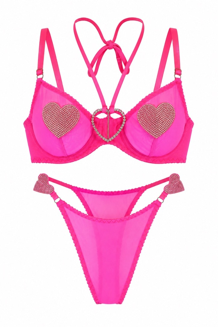 Hot pink rhinestone heart bikini set